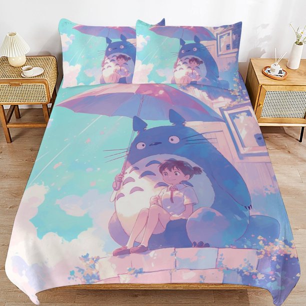 x386 My Neighbor Totoro Bed Duvet Cover Microfiber Bedding Sets 3D Printed Lightweight 3 Piece Comforter Sets, 1 Duvet Cover And 2 Pillow Shams for Kids Boys Girls 90"x90" jn386