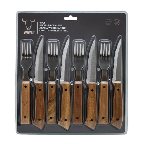Cuchillería De Tenedores Y Cuchillos Premium 8 Piezas Acero Inoxidable - Madera Café - Plateado