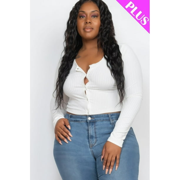 Saronite Top Corto Básico de Punto Acanalado con Mangas Largas y Botones Delanteros, Blanco (Talla Grande para Mujer)