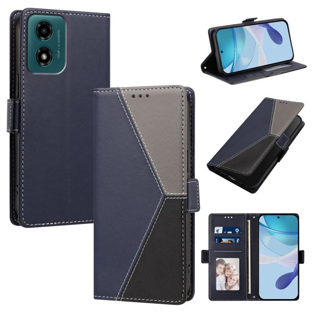 Funda Cartera Tricolor para Motorola Moto G04/G04S con Soporte, Azul Oscuro