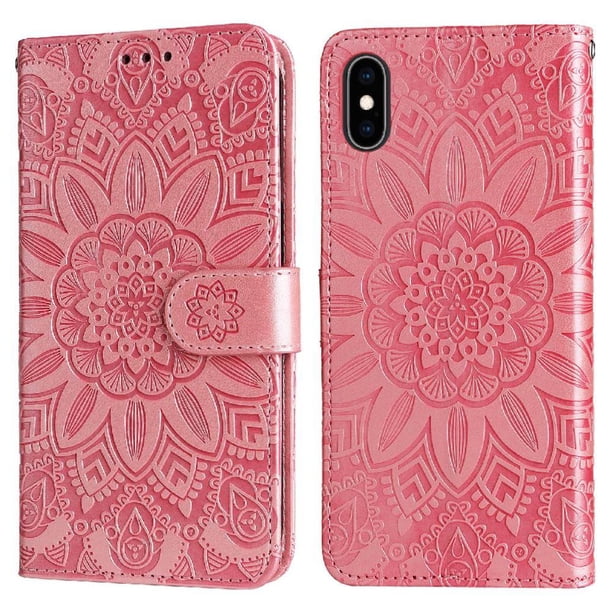 Funda tipo cartera FOXDOCK para iPhone XR , diseño girasol en relieve, cuero PU, cierre magnético, soporte y tarjetero