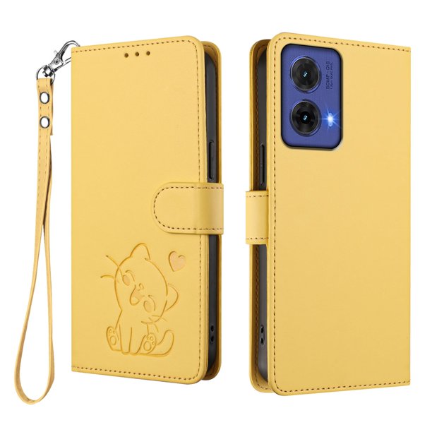 Funda Billetera con Relieve de Gato para Motorola MOTO G85 5G, Amarillo