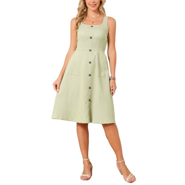INSPIRE CHIC Vestido de Verano para Mujer 2026 Casual Cuello Cuadrado Favorecedor Línea A Sin Mangas Vestido de Sol Abotonado Midi Talla M Verde