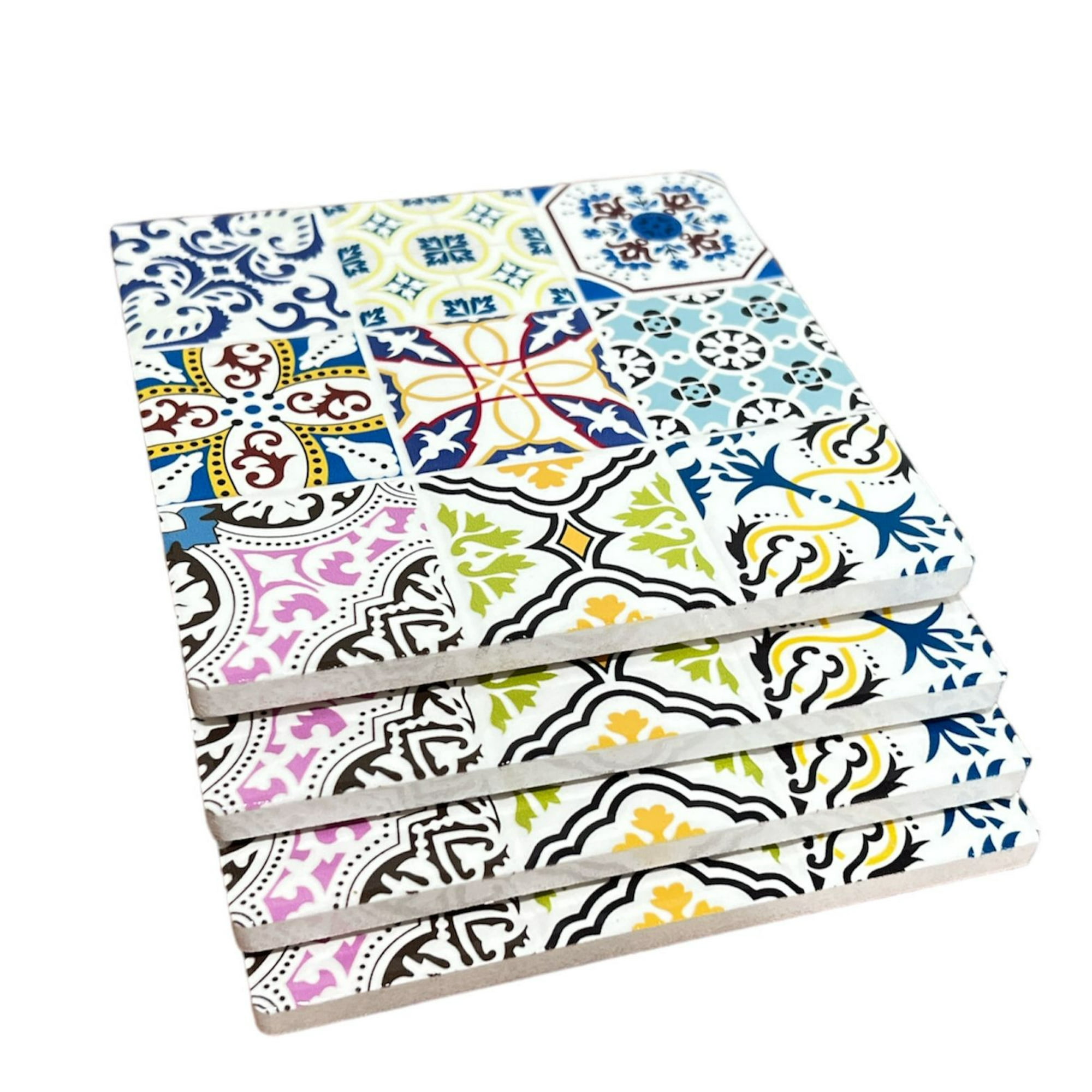 Oem - Set 4 Posavasos Colorido Ceramica Y Corcho 4 Piezas Cuadrado M7