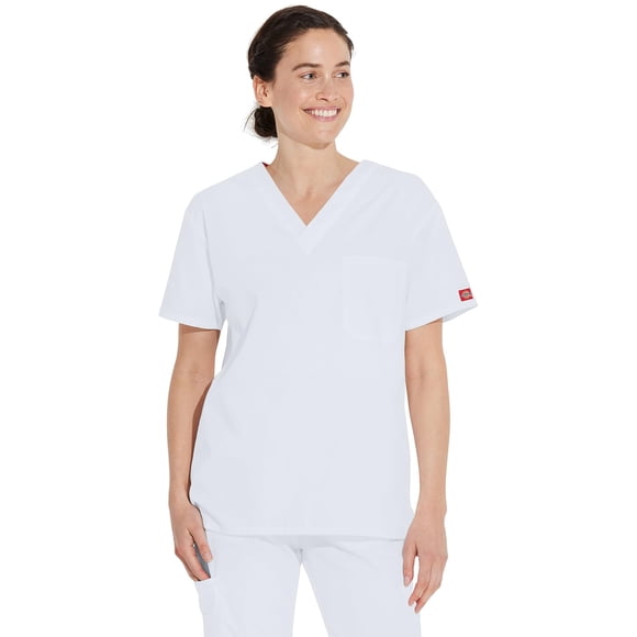 Scrub Top Dickies unisex con cuello en V, color blanco