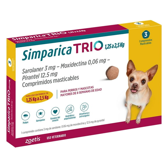 Simparica Trio Anti-parasitario X3 Comp Perros 1,3 - 2,5 Kg