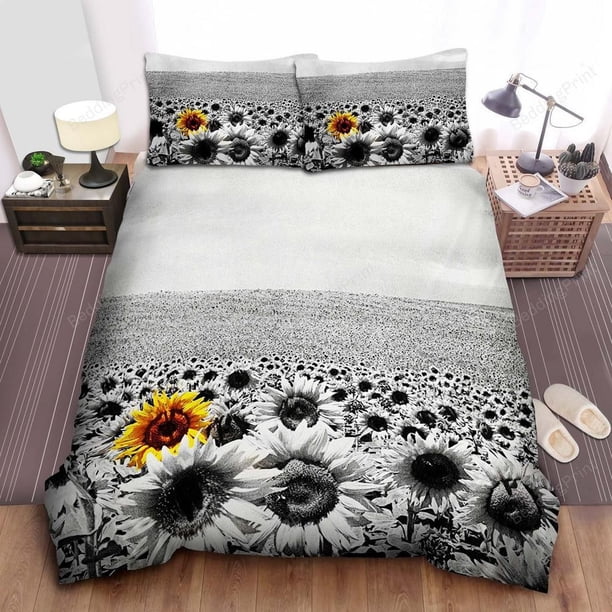 Sunflower Field Black White With Yellow Flower Quilt Duvet Cover Set3-Piece Bedding Set