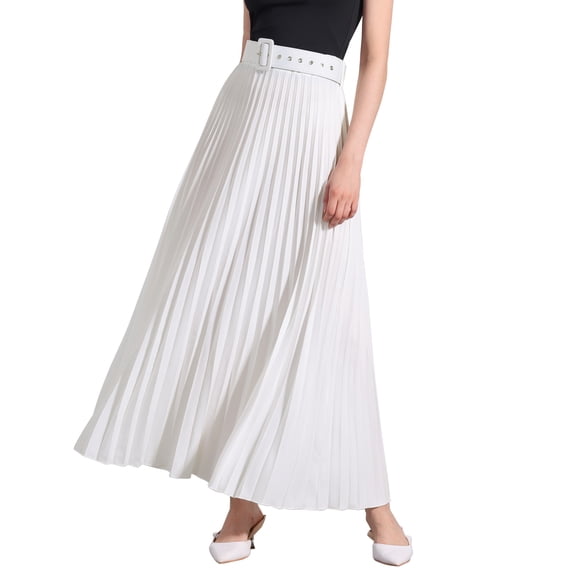 INSPIRE CHIC Edición Falda Plisada para Mujer Cintura Alta Elástica con Cinturón Flowy A-Line Maxi Falda XL Blanca