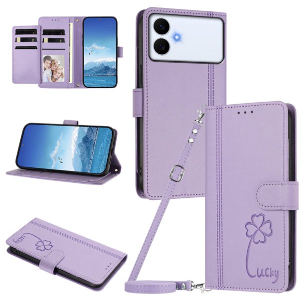 Funda Cartera Trébol para Samsung Galaxy S26 Edge con Ranuras Tarjetas y Carga Inalámbrica Morado claro