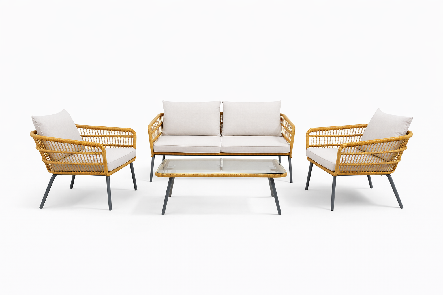 Space Home - Set Terraza Ratán 4 Piezas Sofá + Sillones Con Cojines