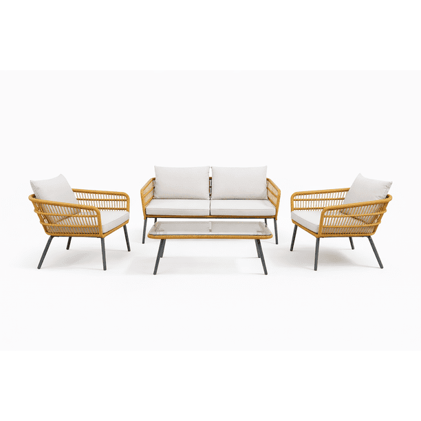 Set Terraza Ratán 4 Piezas Sofá + Sillones con Cojines