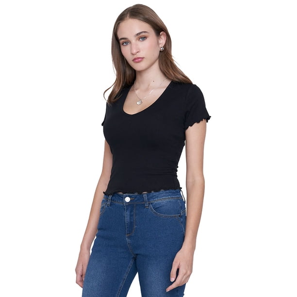 Polera Mujer M/C Rib Cuello V Roulette Negro Corona