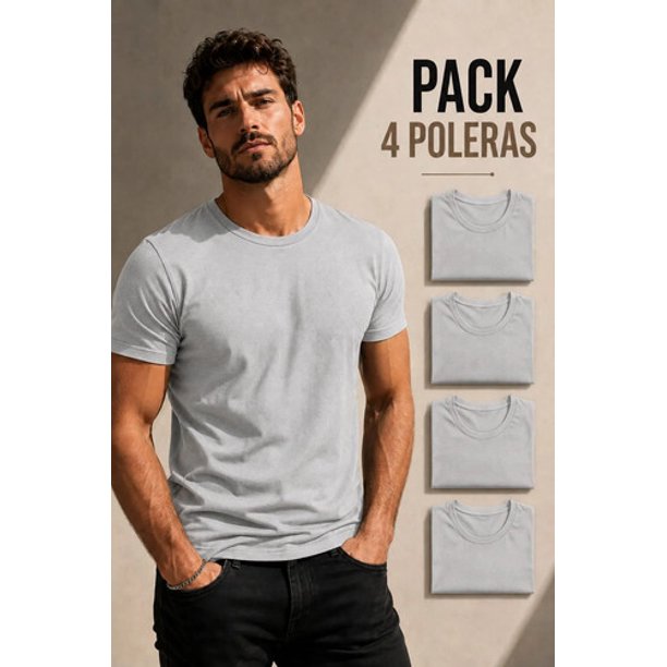 Pack 4 Poleras Basicas Cuello Redondo 100% Algodon 200g Gris L Lisa