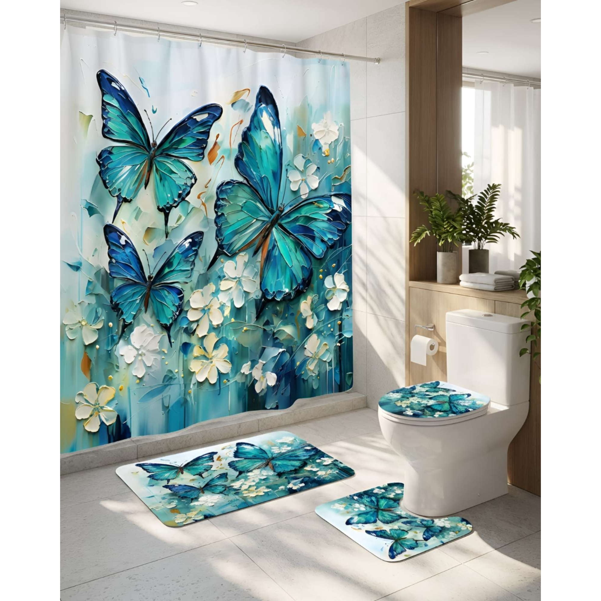 Mylhogar - Juego 5 Piezas Con Cortina De Baño De Tela Poliéster Y Forro De Ducha De Plástico