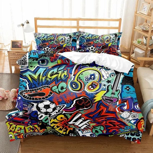 Hippie Graffiti Duvet Cover Set King Queen Size for Boys Youth Polyester Comforter Cover Modern Street Art Bedspread Cover Bed Sheets