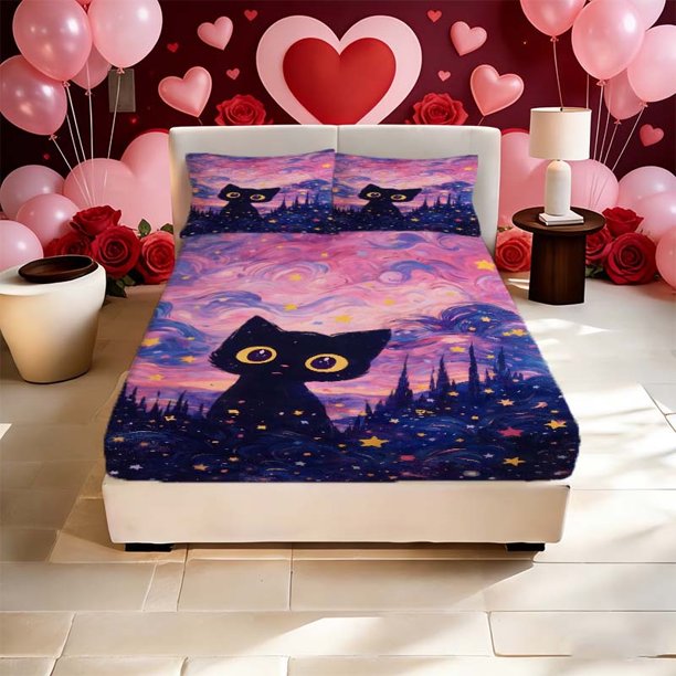 Fantasy Kitten Illustration Printed Fitted Sheet and Pillowcase Set Soft Comfortable and Breathable for All Seasons an Essential for Bedroom or Dorm Decor an Ex