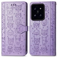 Funda Cartera Foxdock Para Xiaomi 14T , Flip Pu Con Relieve De Gatos Y Perros, Tarjetero Y Soporte
