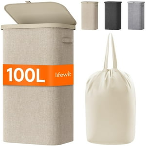 Cesto De Ropa Lifewit De 100 Litros Con Tapa Y Bolsa Extraíble, Color Beige