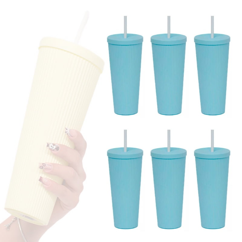 Wakeshome - Pack De 6 Vasos Azul Plastico Tipo Starbucks Con Bombilla Y Tapa