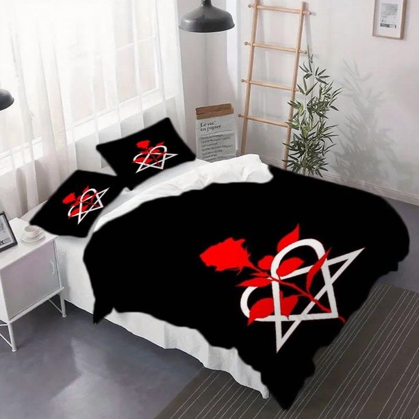 Three-Piece Gothic Rose and Heartagram Art Printed Duvet Cover Set Duvet Cover + Pillowcases