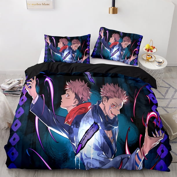 x1369 Bed SheetsJujutsu Kaisen Bedding Set Twin Full Size Anime Bed Set Aldult Kawaii Kid Bedroom Duvetcover Sets 3-Piece Bedding Set (1 Duvet Cover + 2 Pillow Shams) nj1369