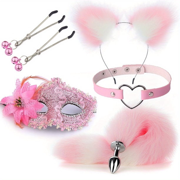 4pcs Couple Flirting Kit - Fox Ear Headband, Tail Anal Plug, Eye Mask, and Nipple Clamp - Sexy Cosplay Costume for Passionate Play