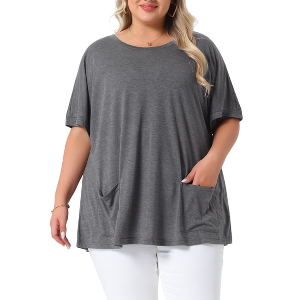 Agnes Orinda Blusa de Verano Sólida con Bolsillos de Manga Corta y Cuello Redondo para Mujer de Talla Grande, Talla 1X, Gris