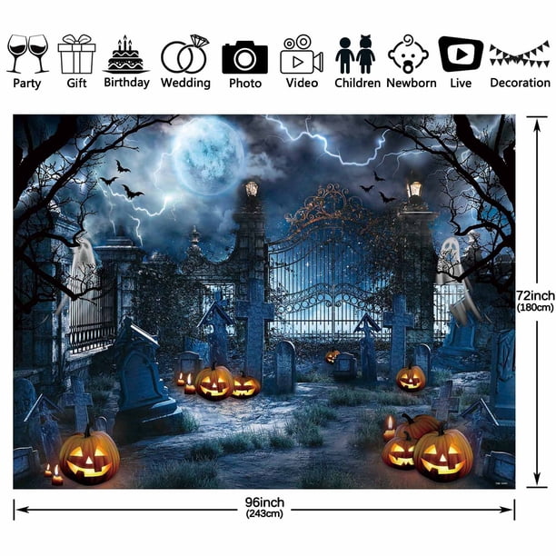 1pc Spooky Halloween Graveyard Backdrop - 7x5ft Polyester Photography Backdrop with Pumpkin Lanterns and Moon - Perfect for Kids Parties and Birthdays