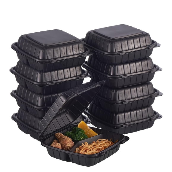 Envases de plástico con tapa tipo almeja, 3 compartimentos, 8 x 8 pulgadas, paquete de 50