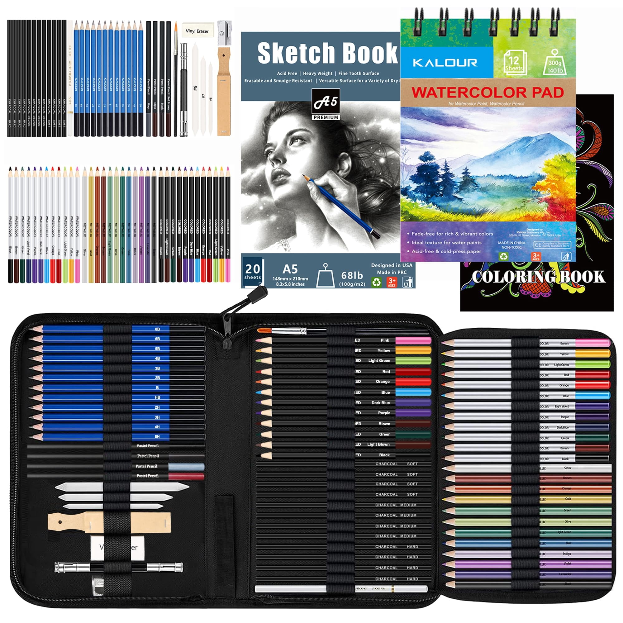 Kalour - Set De Artículos De Arte De 76 Piezas Para Bocetos Y Dibujos Con Libro De Tutoriales