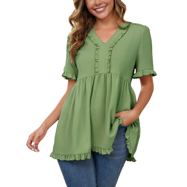 INSPIRE CHIC Blusas de Maternidad para Mujeres Boho con Volantes Cuello en V Mangas Cortas Camisas Sueltas y Fluidas Ropa Casual 2025 Verde 2XL