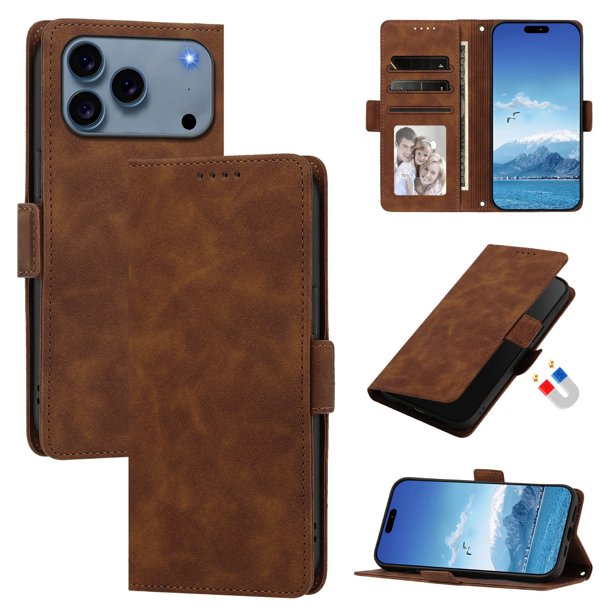 Funda Billetera Delgada para iPhone 18 Pro / 17 Pro con Ranuras y Soporte Marrón