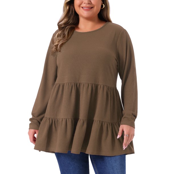 Agnes Orinda Ropa de Halloween para Mujer Tallas Grandes Tops Babydoll de Escuela Colegio de Manga Larga Cuello Redondo Casual Suelto Blusas Peplum Túnicas 4X Marrón Café