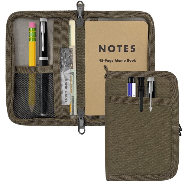 Funda para cuadernos Field Notes y Moleskine Cahier con cremallera YKK, 3.5"x5.5" de lona encerada con porta lápiz, cubierta resistente al agua para planificador de viaje (Marrón oliva)