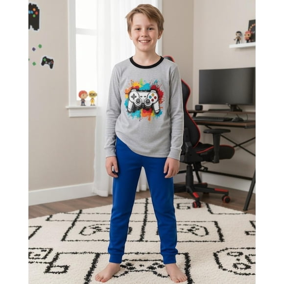 Pijama Niño Algodón Estampado Gamer Gris azul 8