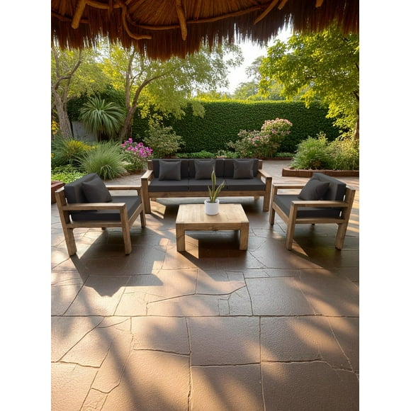 Terraza Rústica Modelo Ambar 5 Cuerpos Color Madera Roble Cojinería Gris Oscuro