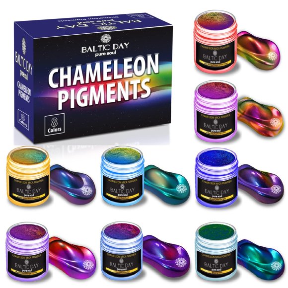 BALTIC DAY - Polvo de Mica Camaleónico, Set de 8 Tarros de Mica con Cambio de Color - Pigmento de Color para Resina Epoxi - Polvo Brillante Camaleónico - Polvo de Mica Holográfico para Resina