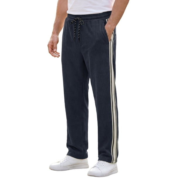 Pantalones de pana con cintura de cordón y patrón de rayas en parches para hombre INSPIRE CHIC 32 Azul Marino