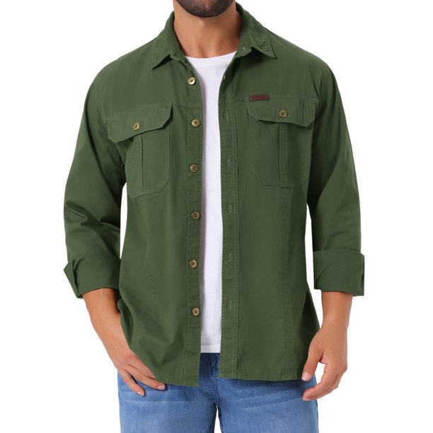 INSPIRE CHIC Camisa de Hombre de Manga Larga con Bolsillos para Regreso a Clases, Trabajo Casual, Pesca y Senderismo L Verde Oliva