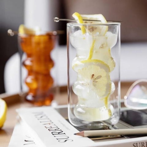 Santú Home & Deco - Set 4 Vasos Vidrio Doble Fondo Ondas Alto