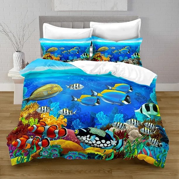 Sea Underwater World Comforter Fish Bedding SetGirls Boys Adult Duvet Cover Pillowcase Bedding