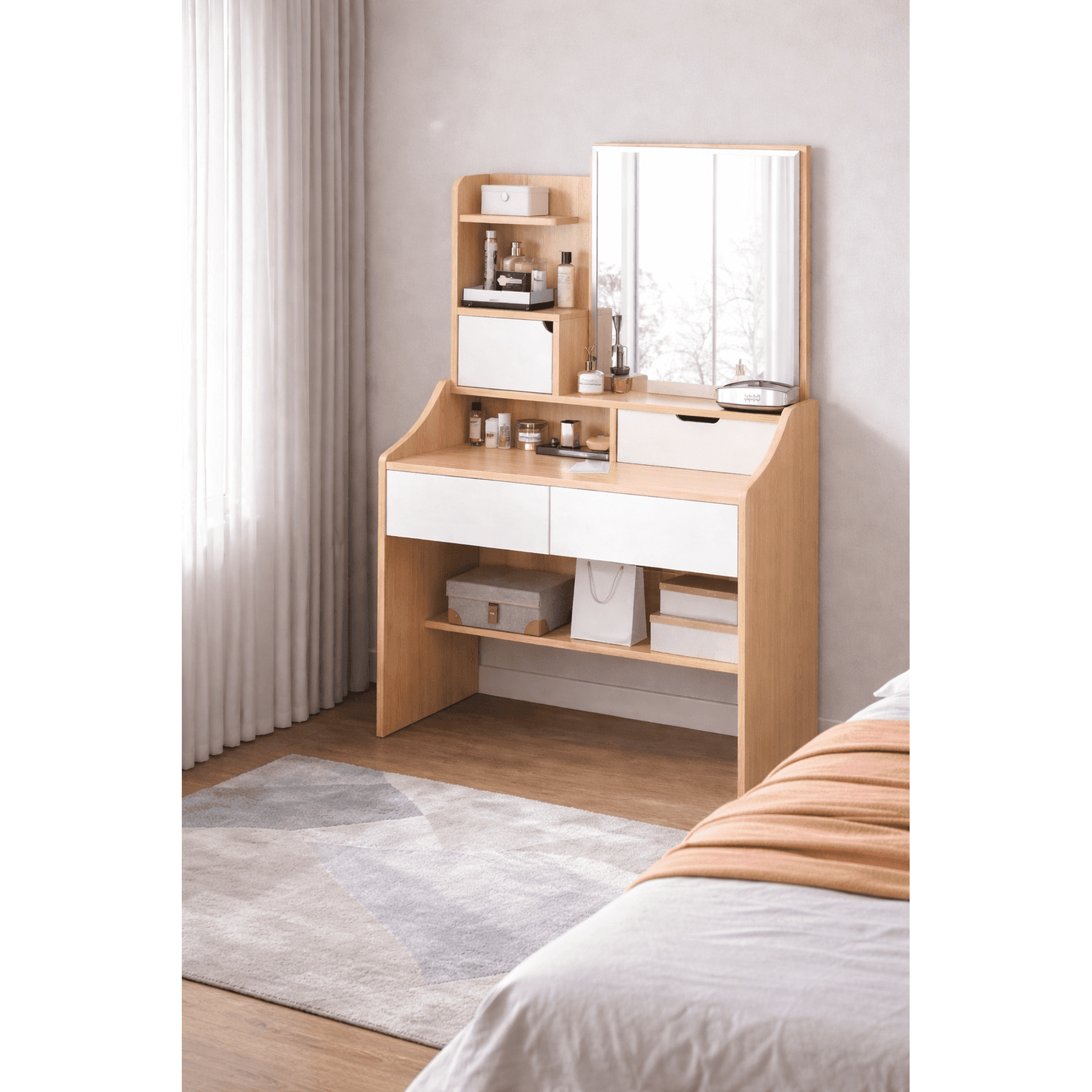 Space Home - Tocador Con Espejo 80x40x130 Cm Madera Natural Blanco Mdf