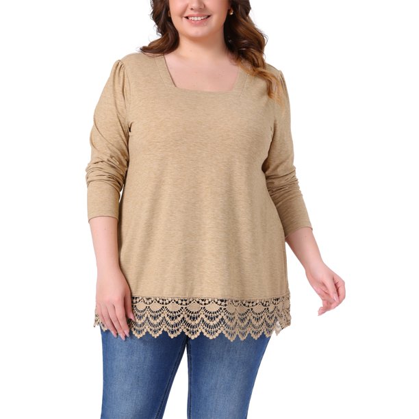 Agnes Orinda Blusas de Talla Grande para Mujeres, Manga Larga, Cuello Cuadrado, Túnica de Otoño Invierno con Dobladillo de Encaje 1X Caqui