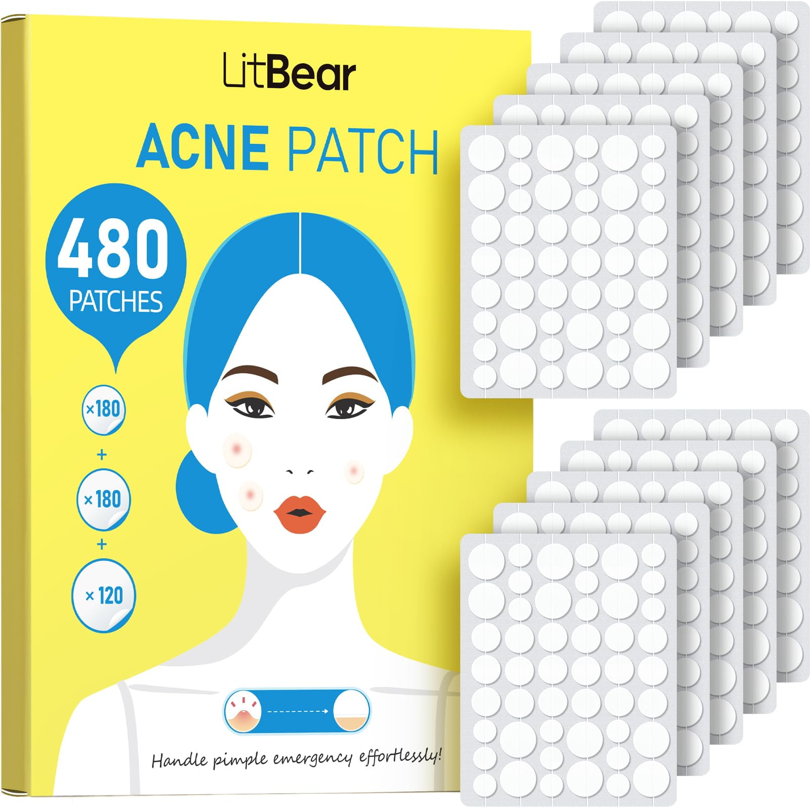 Parches Para Acné Litbear Pimple Patch Bulk 480 Parches, 3 Tamaños