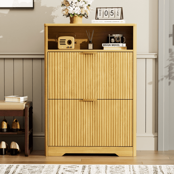 Shoe Cabinet Storage for Entryway Hidden Shoes Storage Cabinet with 2 Flip Drawers, Tall Free Standing Shoe Organizer Rack for Foyer, Hallway. Natural,31.6'' L x 9.6'' W x 40'' H.