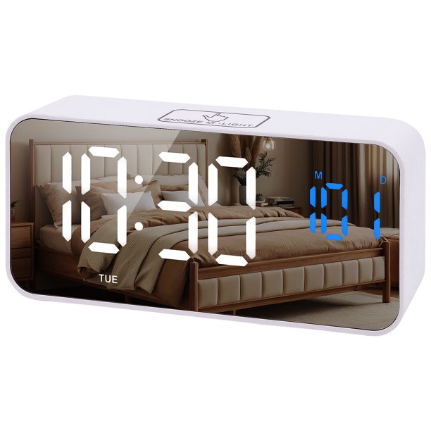 Reloj Despertador REGALWOVEN con Música, Volumen Ajustable, Tres Alarmas, Puertos de Carga USB para Dormitorio/Residencia Blanco 5.5"L x 1.3"W x 2.7"H