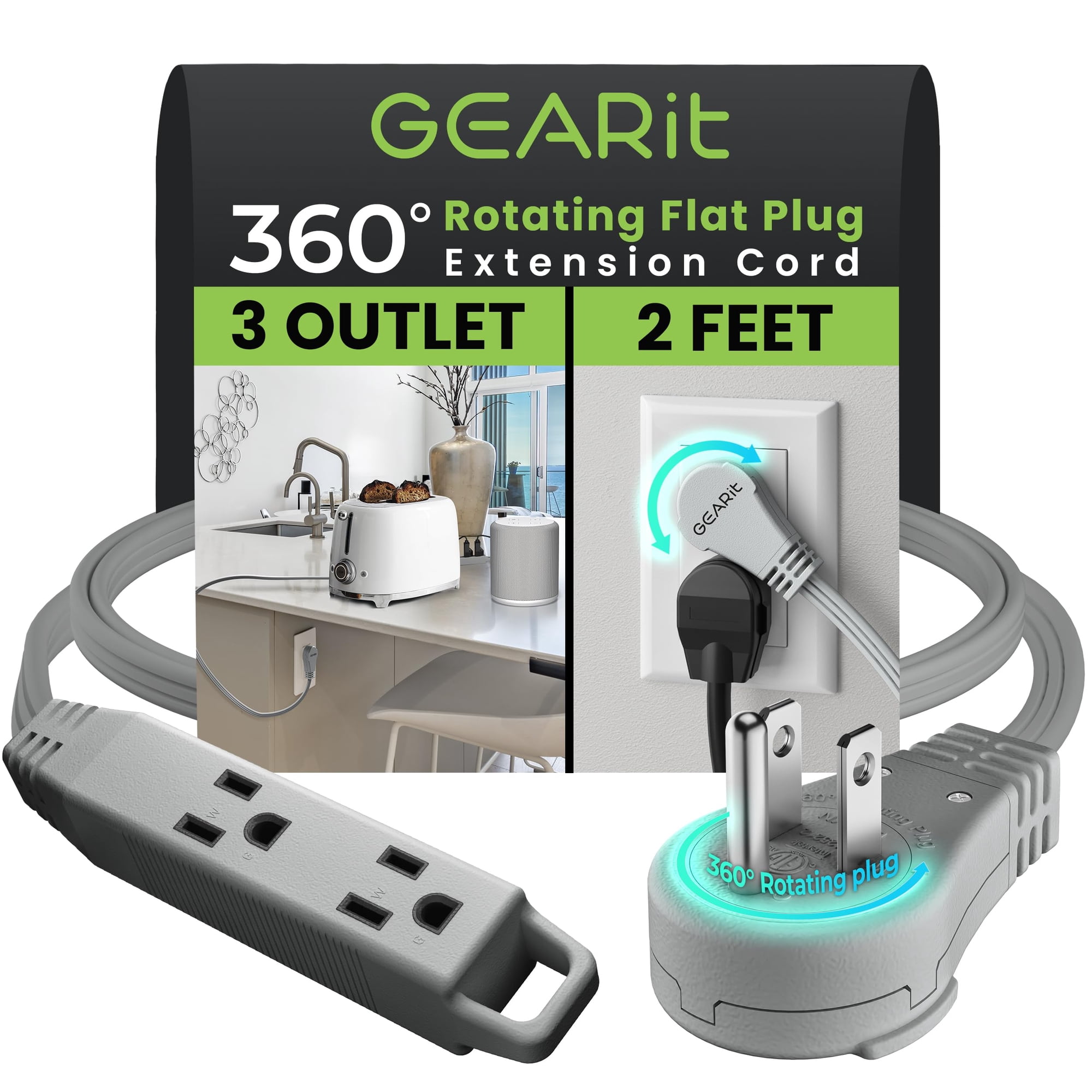 Cable De Extensión Gearit 360, Enchufe Plano Giratorio De 2 Pies Y 3 Enchufes