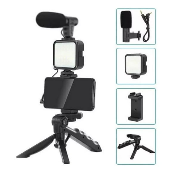 Kit De Grabación Con Micrófono Luz Led Y Soporte Tripode Color Negro