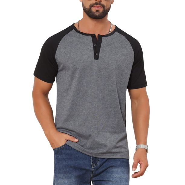 Camisas Henley de Manga Corta Raglán con Botones y Bloque de Color para Hombre INSPIRE CHIC XL Gris Oscuro