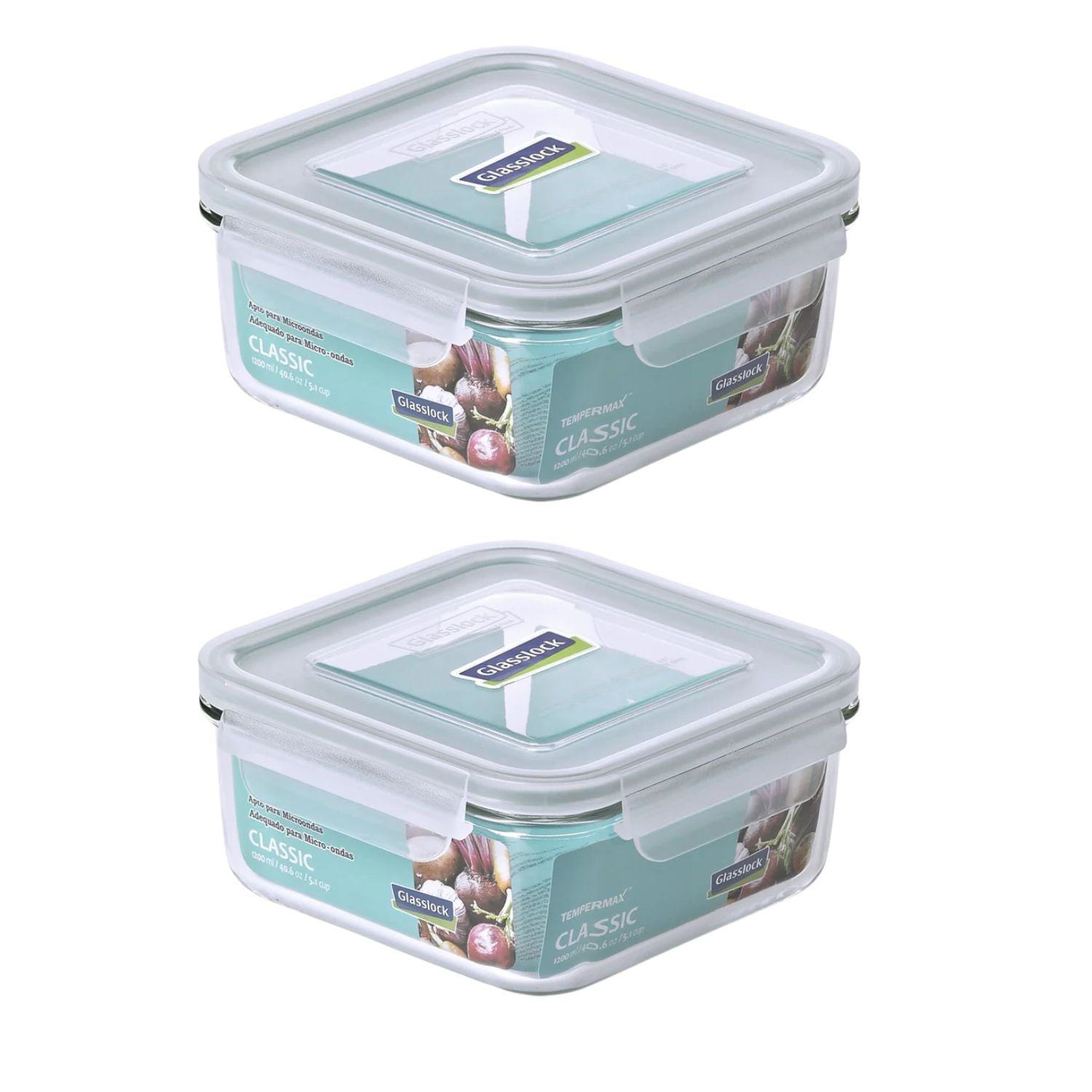 Pack 2 Contenedores Vidrio Hermetico Cuad 1200ml Glasslock